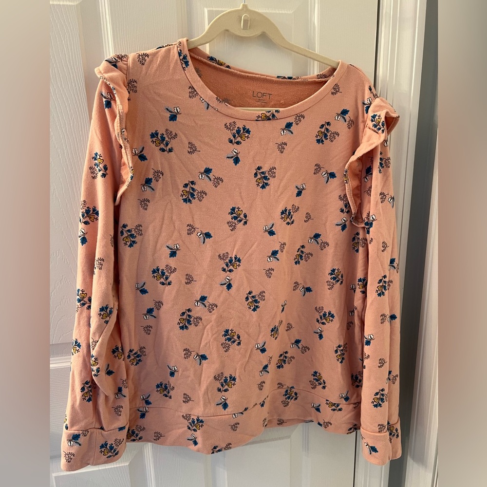 Loft Outlet French terry pink print ruffle long sleeve top XL